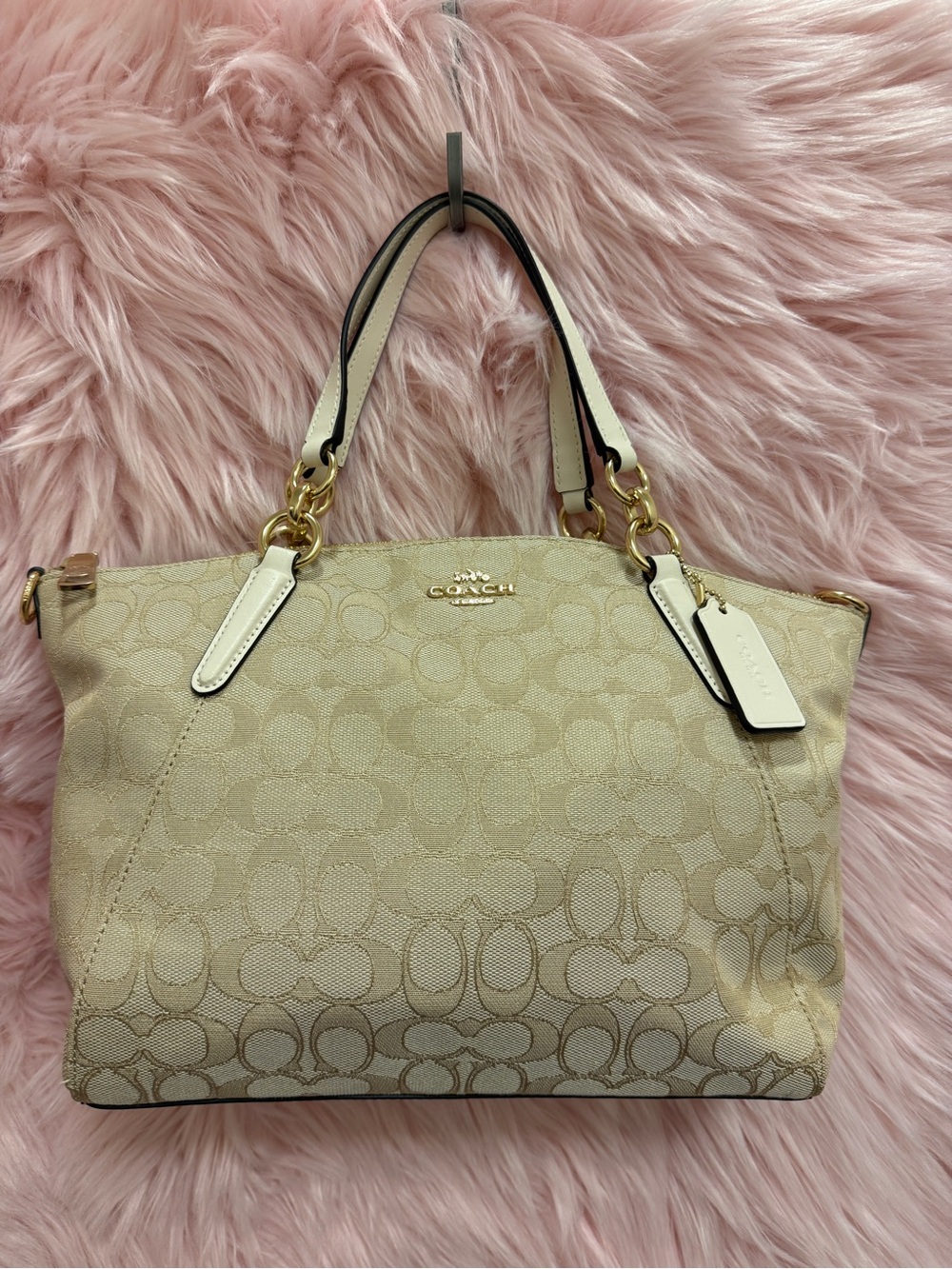 COACH Factory Beige Signature Canvas Shoulder Bag with White Leather Trim